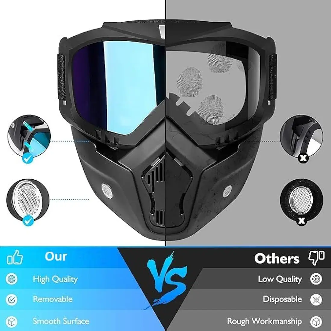KRLZ Paintball Mask Anti Fog, Tactical Full Face Mask Ski Mask Goggles Detachable Adjustable, Motorcycle Riding Face Protection