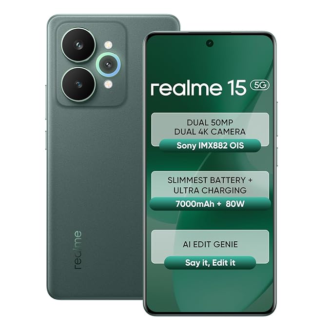 realme 15 5G Smartphone 8+256GB Green,144Hz HyperGlow 4D Curve Display,7000mAh  Battery,80W SuperVOOC,Dual 50MP 4K Cameras,Dimensity 7300+ Chipset,IP69