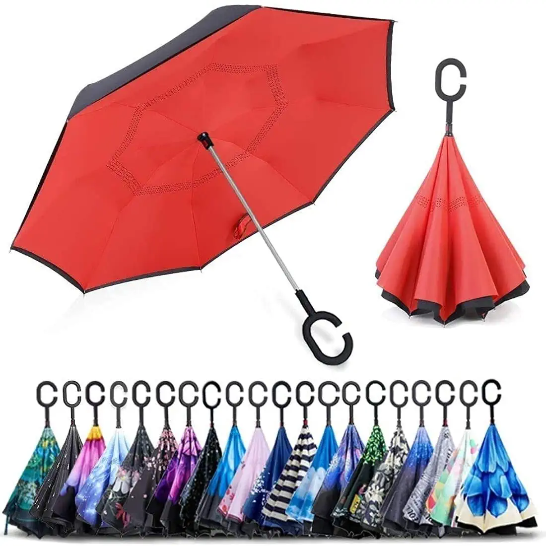 Windproof Upside Down Umbrellas with C-Shaped Handle for Women and Men - Double Layer Inside Out Folding Umbrella,Black