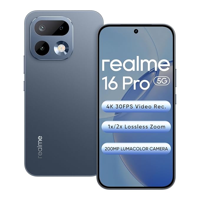 realme 16 Pro 5G Smartphone 8+256GB Pebble Grey, 144Hz AMOLED Display, 7000mAh Battery, 80W SuperVOOC, 200MP Primary Camera 50MP Front Camera, MediaTek 7300-Max Processor, IP69