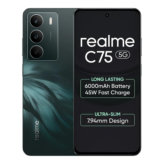 realme C75 Smartphone 6+128GB Midnight, 6.67inch Screen, 120HZ Vision Display, 6000mAh Battery, 40MP Camera, MediaTek Dimensity 6300 Processor, IP64
