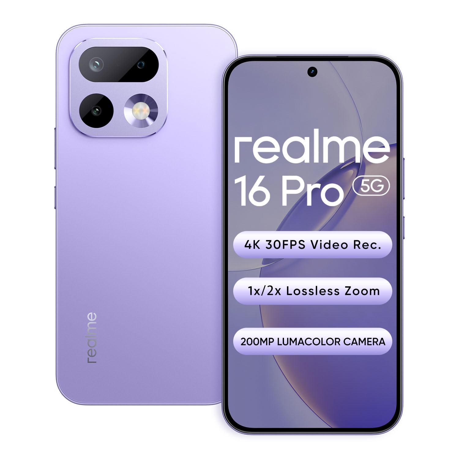 realme 16 Pro 5G Smartphone 8+256GB Orchid Purple, 144Hz AMOLED Display, 7000mAh Battery, 80W SuperVOOC, 200MP Primary Camera 50MP Front Camera, MediaTek 7300-Max Processor, IP69