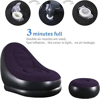  ZAEGO 2-in-1 Lounge Inflatable Chair Set Portable Recliner with Air Pump, and Footstool, Outdoor Folding Lounger Flocking Lazy Couch, Air Sofa Chair and Stool