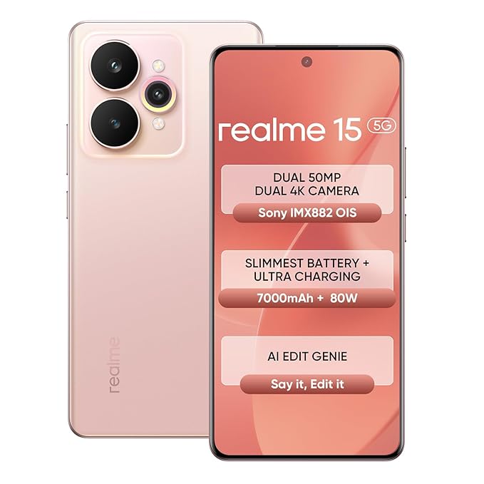realme 15 5G Smartphone 8+128GB Pink,144Hz HyperGlow 4D Curve Display,7000mAh Battery,80W SuperVOOC,Dual 50MP 4K Cameras,Dimensity 7300+ Chipset,IP69