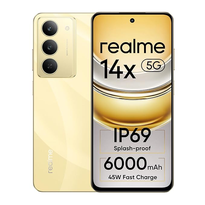 realme 14x 5G Smartphone 8+128GB Golden Glow, 6.67-inch Screen, 120Hz Display, 6000mAh Battery, 80MP, MediaTek Dimensity 6300, ArmorShell Protection, IP69