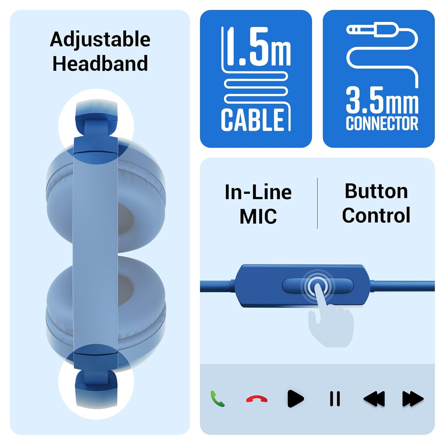 ZEBRONICS Boom Wired Headphone, Over Ear, in-Line MIC, Foldable, 1.5 Meter Cable, for 3.5mm (Mobile | Tablet | Laptop | MAC), Soft Cushion, 40mm Drivers (Blue)