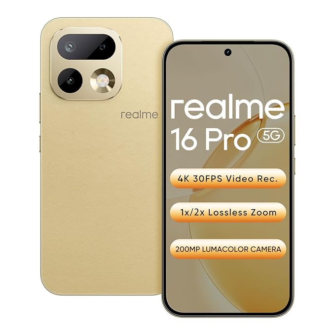 realme 16 Pro 5G Smartphone 8+128GB Master Gold, 144Hz AMOLED Display, 7000mAh Battery, 80W SuperVOOC, 200MP Primary Camera 50MP Front Camera, MediaTek 7300-Max Processor, IP69