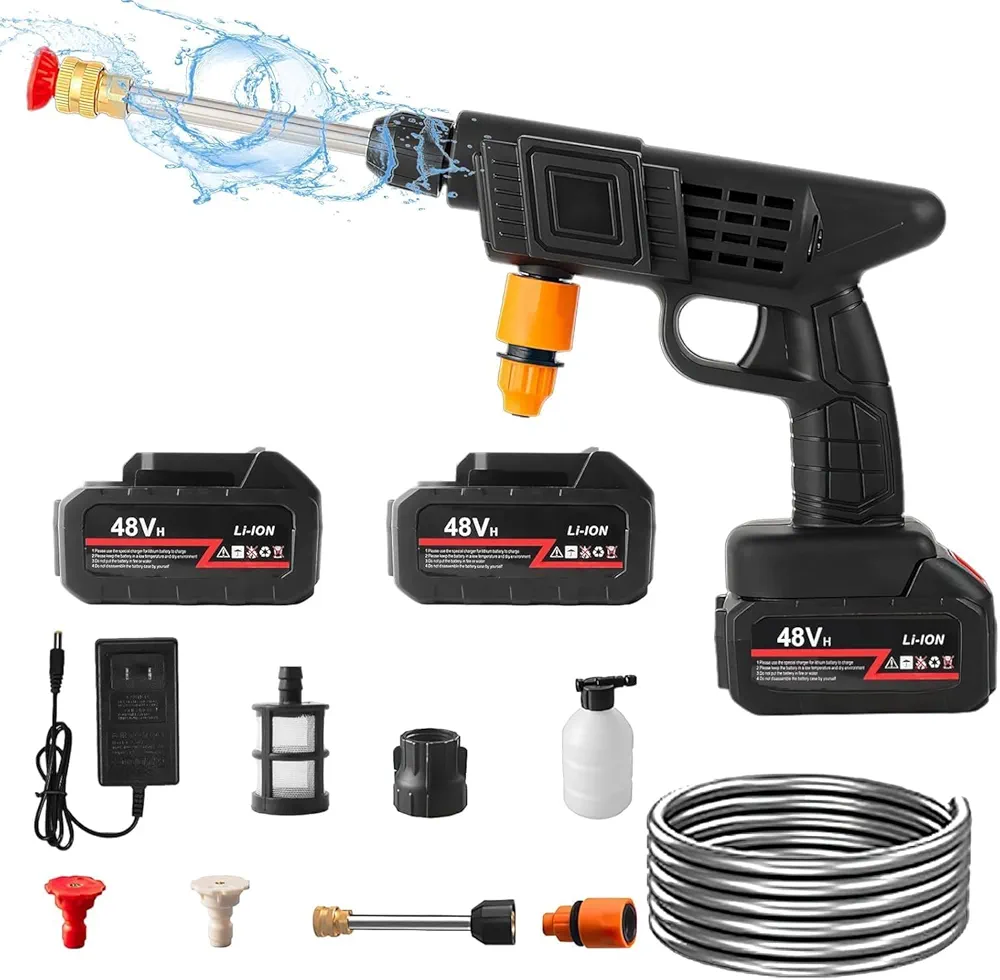 Zelwie Cordless Portable Wireless Pressure Washer Gun 48V 12000mah High Pressure Water Gun for Car Wash Bike Washing Cleaning| Adjustable Nozzle and 5M Hose Pipe (Double_Battery)