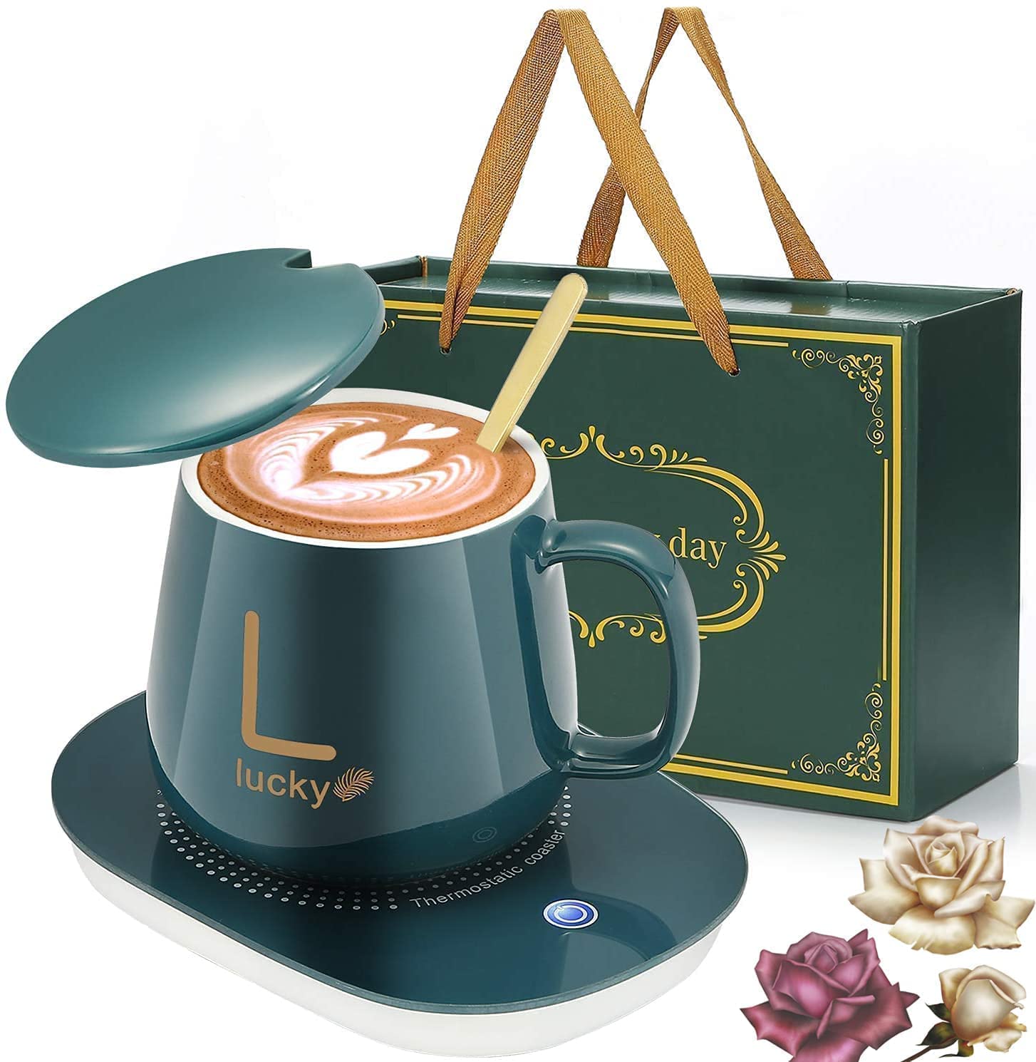 DADA Fashion Auto Shut Off Mug Warmer Pad Powered Cups Milk Tea Coffee Heating Constant temperatures EU Plug Electric Mug Set Office Use Mug with Lid and Spoon