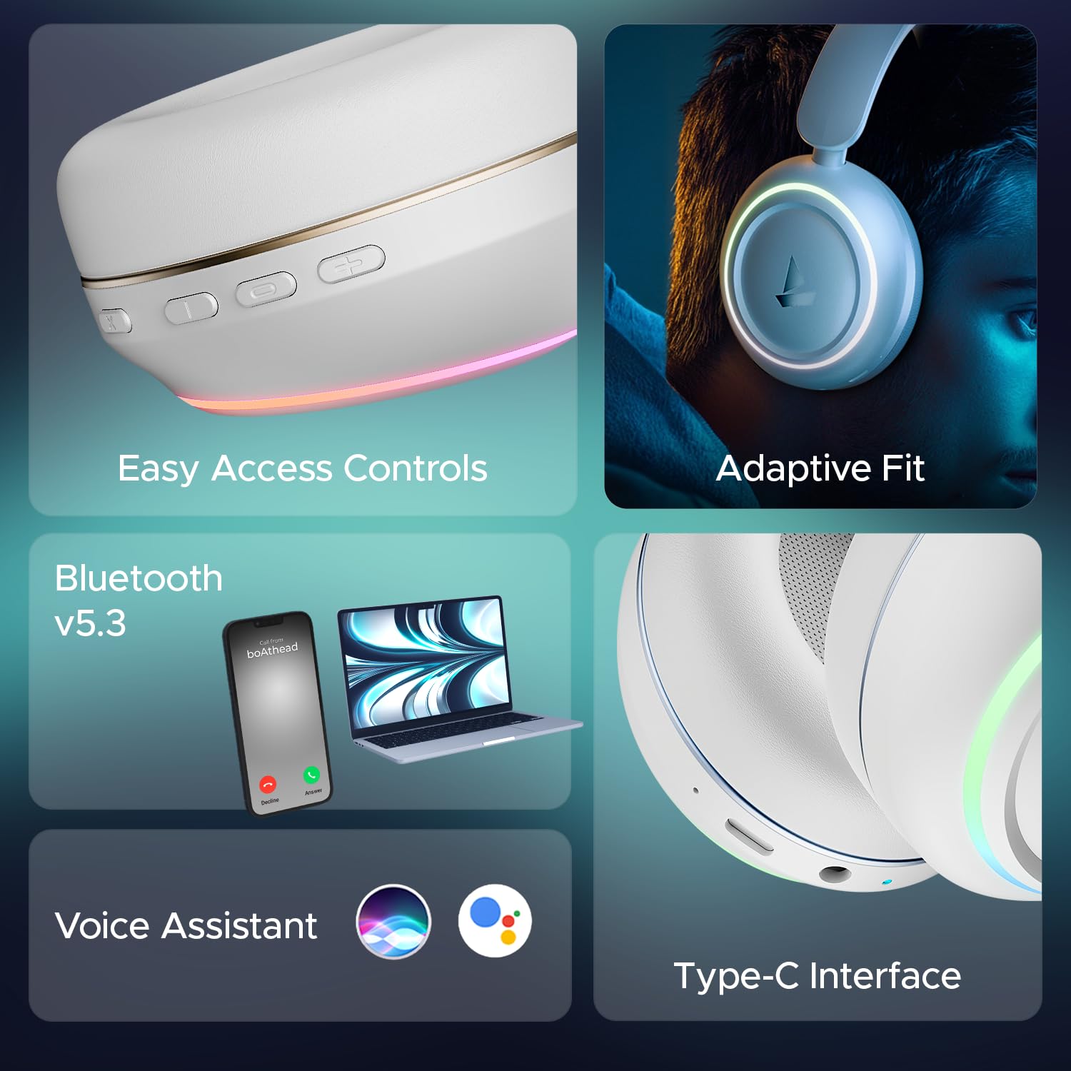 boAt Rockerz 480, RGB LEDs,6 Light Modes, 40mm Drivers,Beast Mode, 60H Battery, ENx Tech, Stream Ad Free Music via App Support, Bluetooth Headphones, Wireless Over Ear Headphone with Mic (White Sabre)