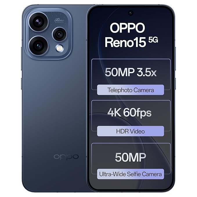 Oppo Reno15 5G (Twilight Blue, 12GB RAM, 256GB Storage) with No Cost EMI/Additional Exchange Offers