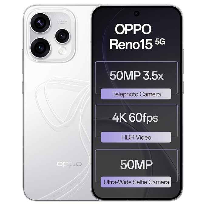 Oppo Reno15 5G (Glacier White, 12GB RAM, 256GB Storage) with No Cost EMI/Additional Exchange Offers