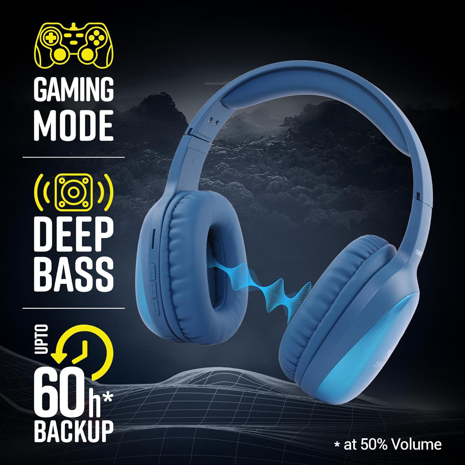 ZEBRONICS Thunder Pro Wireless Over Ear Headphone with Dual Pairing, Gaming Mode, Enc, Bluetooth, Call Function, Aux, Micro Sd, Voice Assistant, Deep Bass, Up to 60H Backup (Blue)
