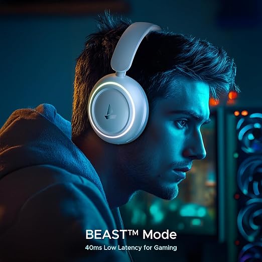 boAt Rockerz 480, RGB LEDs,6 Light Modes, 40mm Drivers,Beast Mode, 60H Battery, ENx Tech, Stream Ad Free Music via App Support, Bluetooth Headphones, Wireless Over Ear Headphone with Mic (White Sabre)