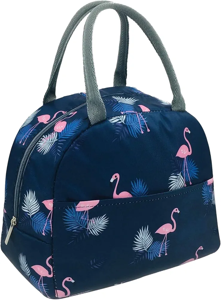 Lunch Box Bag, Insulated Lunch Bag, Waterproof Lunch bags for Women, Man, Office, Work, School, Beach, Picnic, Fishing, Hiking, Travel, Thermal Leak-proof Cooler Tote Bag (Dark Blue Flamingo)