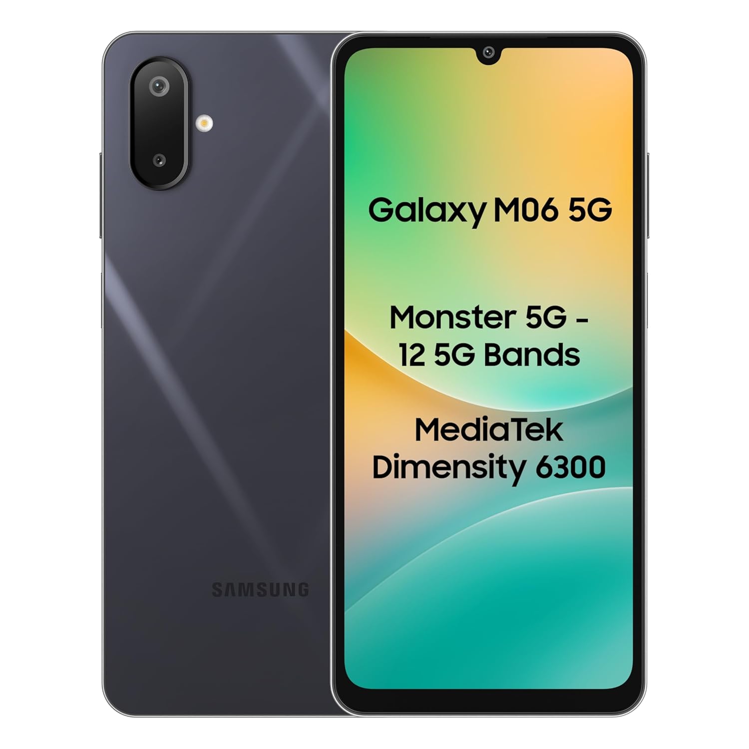 amsung Galaxy M06 5G (Blazing Black, 6GB RAM, 128 GB Storage) | MediaTek Dimensity 6300 | AnTuTu Score 422K+ | 12 5G Bands | 25W Fast Charging | 4 Gen of OS Upgrades | Without Charger