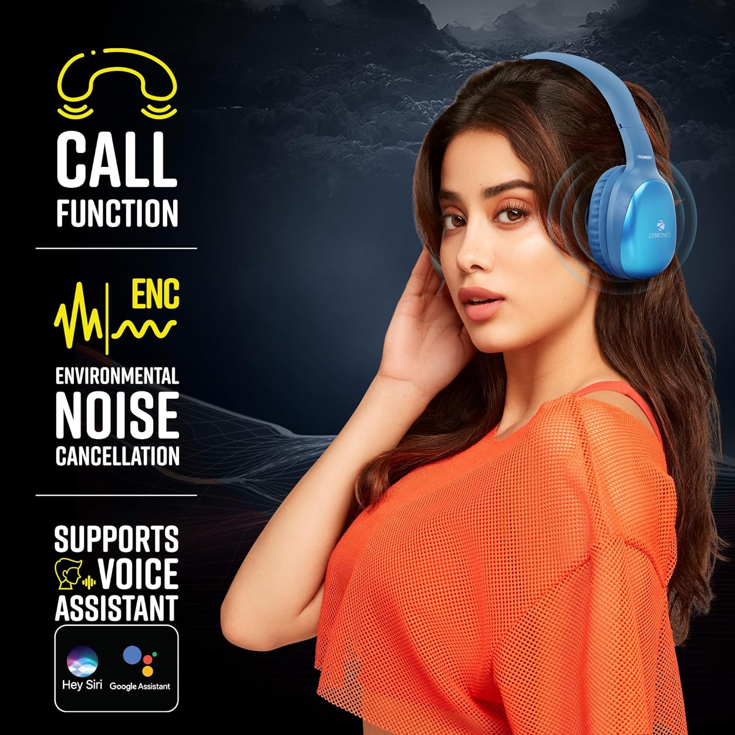 ZEBRONICS Thunder Pro Wireless Over Ear Headphone with Dual Pairing, Gaming Mode, Enc, Bluetooth, Call Function, Aux, Micro Sd, Voice Assistant, Deep Bass, Up to 60H Backup (Blue)