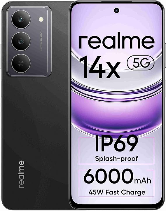 realme 14x 5G Smartphone 6+128GB Crystal Black6,67-inch Screen, 120Hz Display, 6000mAh Battery, 80MP, MediaTek Dimensity 6300, ArmorShell Protection, IP69