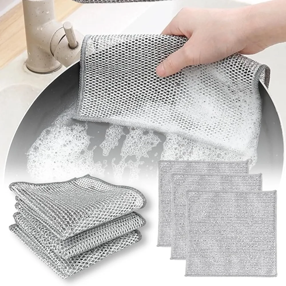 STEEL MESH SCRUBBER 3-Pack Non Scratch Dish wash Cloths for Kitchen | Double Layer Scrubber Dish Cloth for Utensils | Reusable Mesh Wire Cloth for Kitchen | Metal Wire Cleaning Cloth | 8x8 Inch