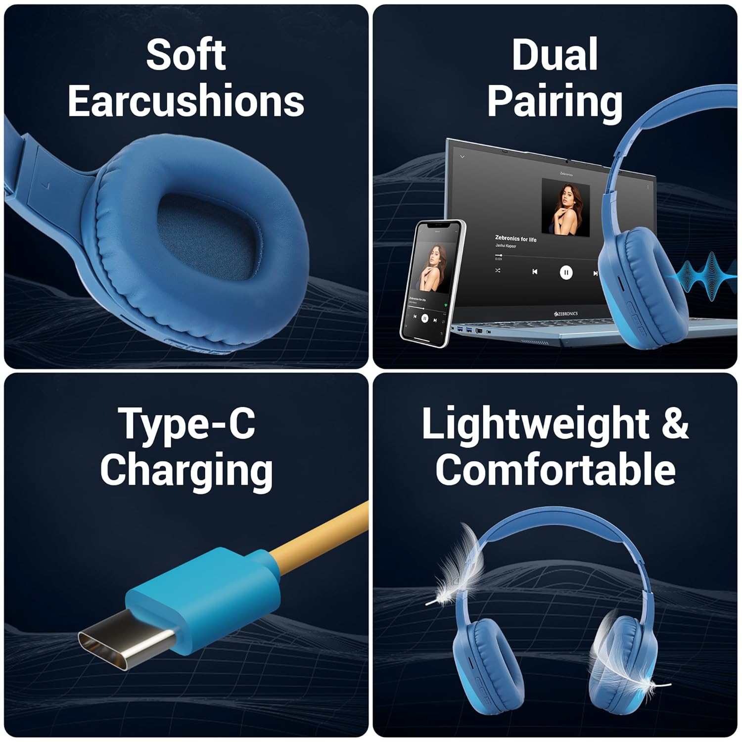 ZEBRONICS Thunder Pro Wireless Over Ear Headphone with Dual Pairing, Gaming Mode, Enc, Bluetooth, Call Function, Aux, Micro Sd, Voice Assistant, Deep Bass, Up to 60H Backup (Blue)