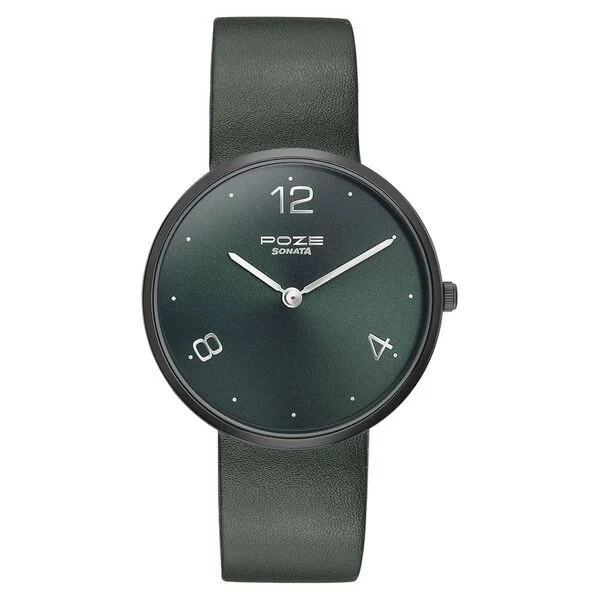 Sonata Poze Quartz Analog Green Dial Leather Strap Watch for Men